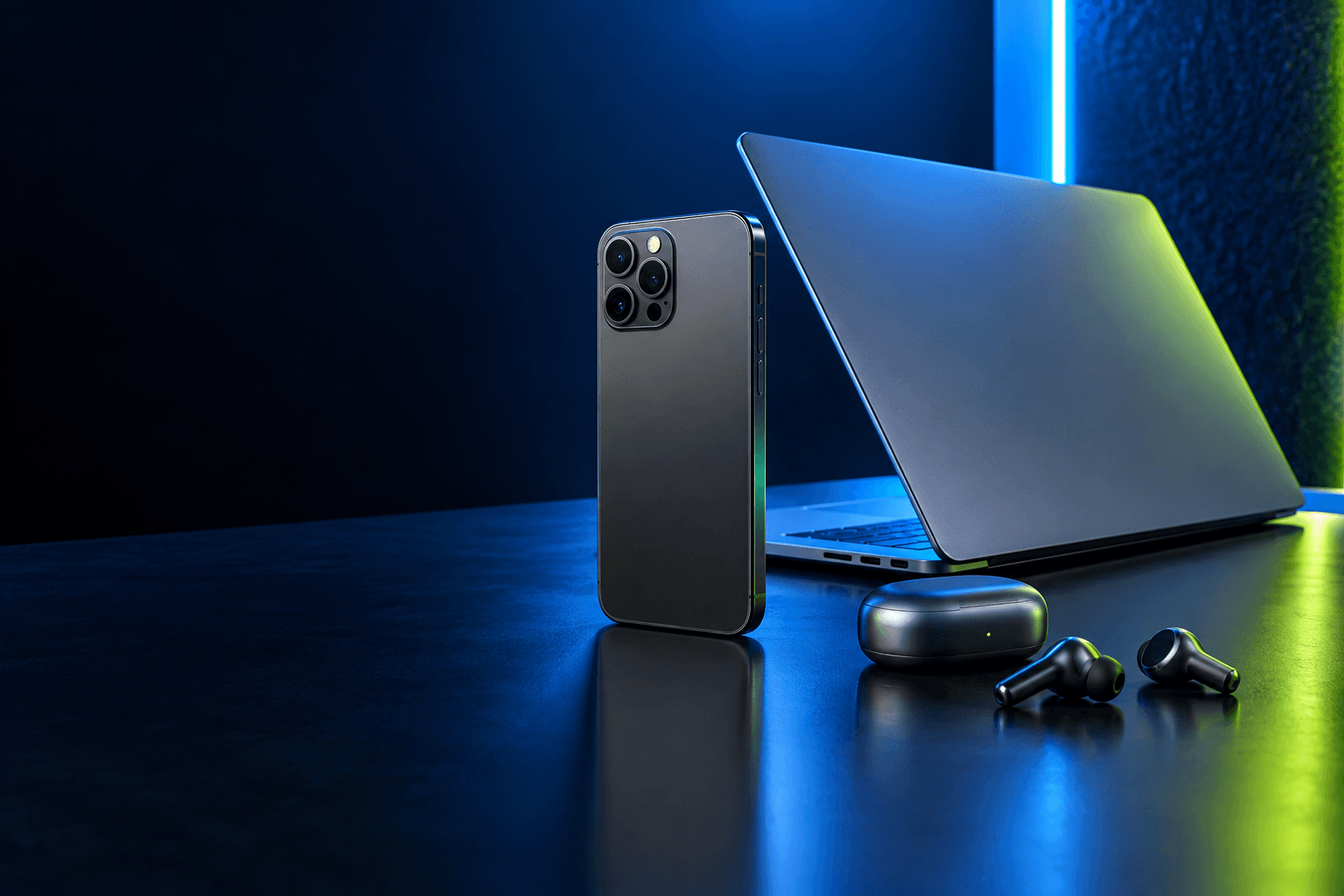 Modern phone, laptop and wireless earbuds in a blue-lit studio