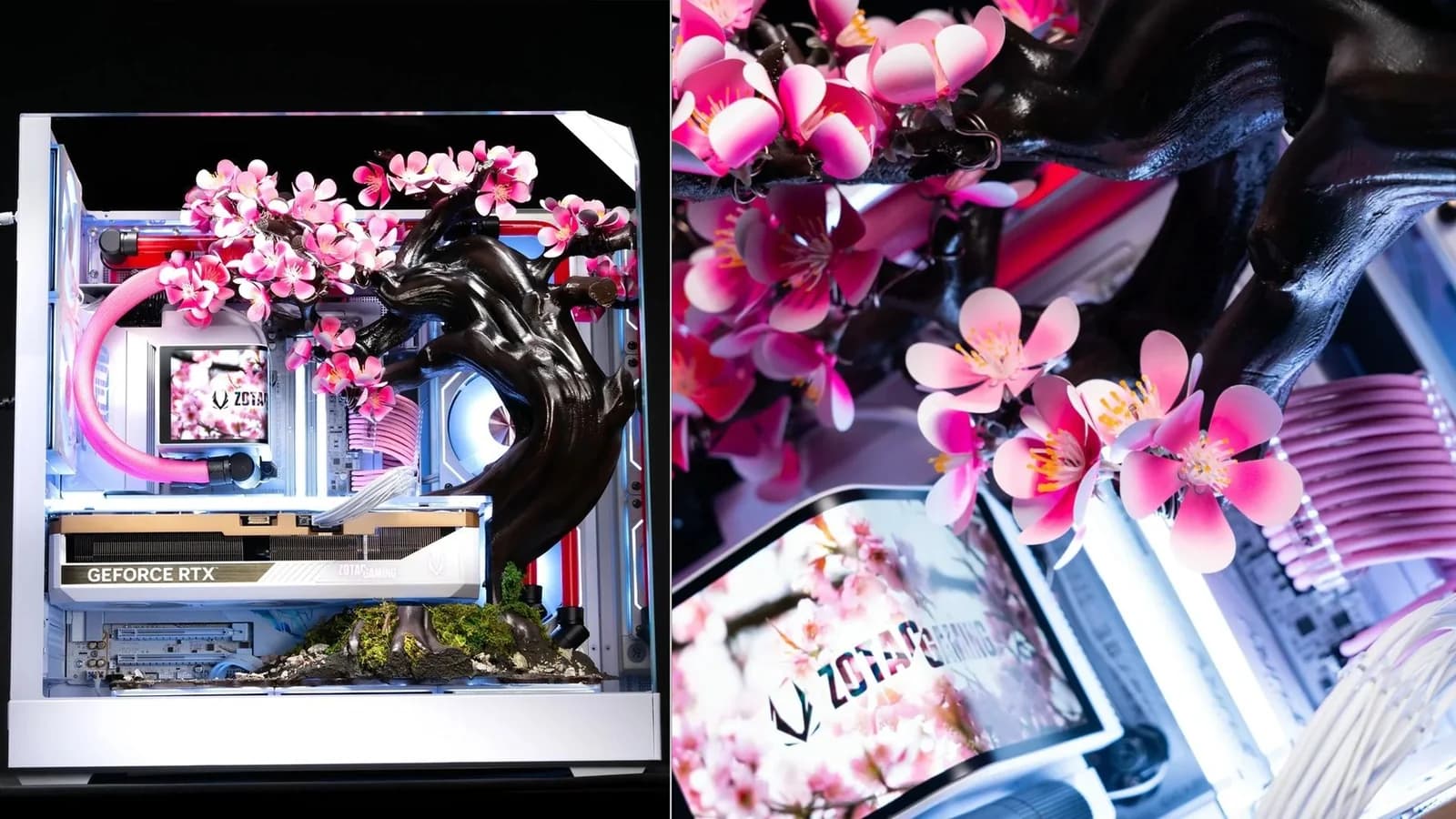 Two photos of the Aftershock PC Cherry Bloom PC.